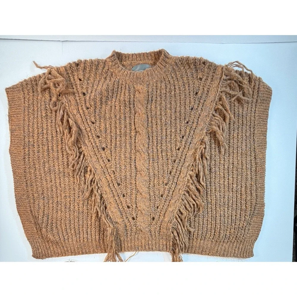 Anthropologie Fringe Sweater Vest Boho Chunky Knit‎ One Size Orange